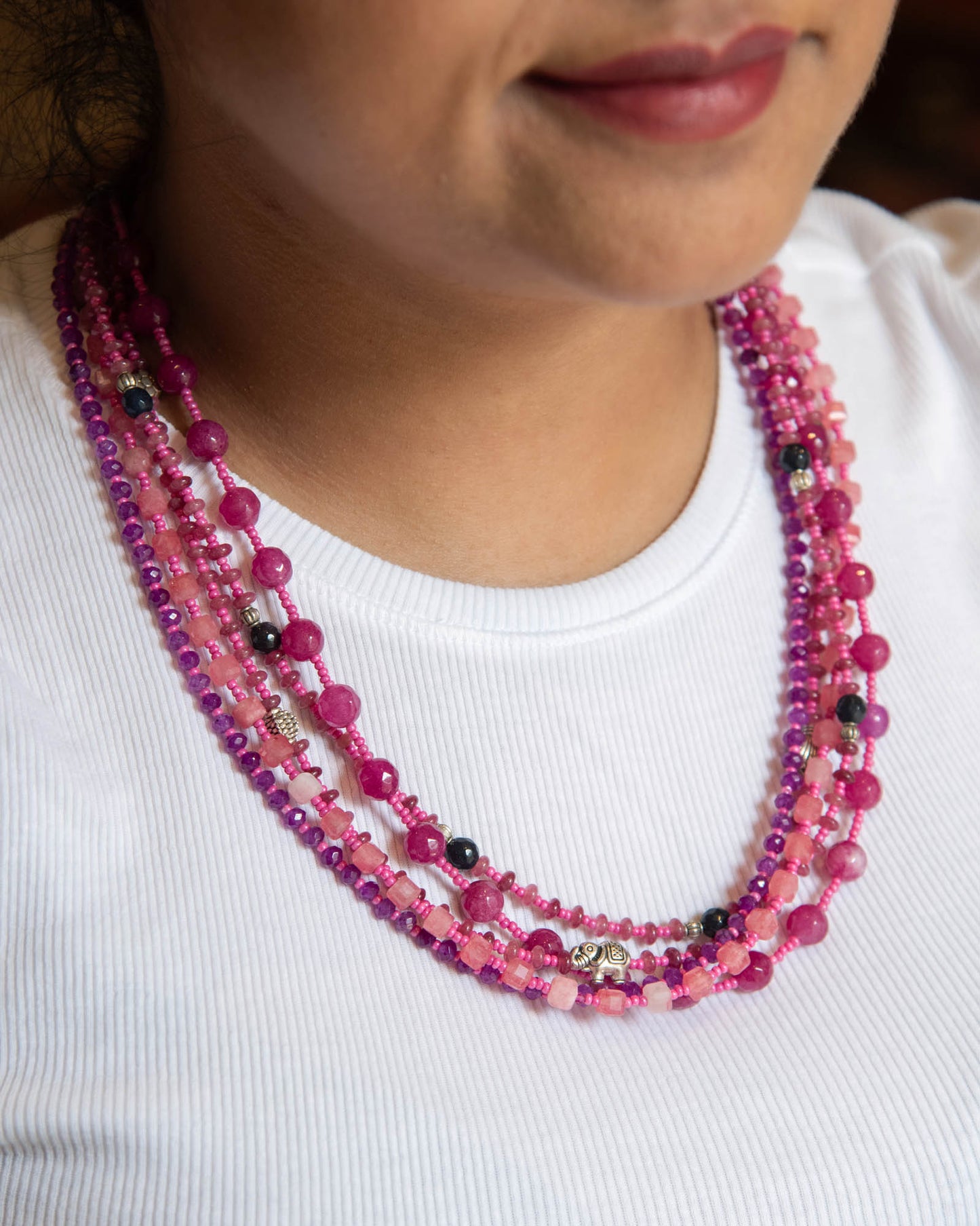 Bohemian Multistrand Necklace - Raspberry